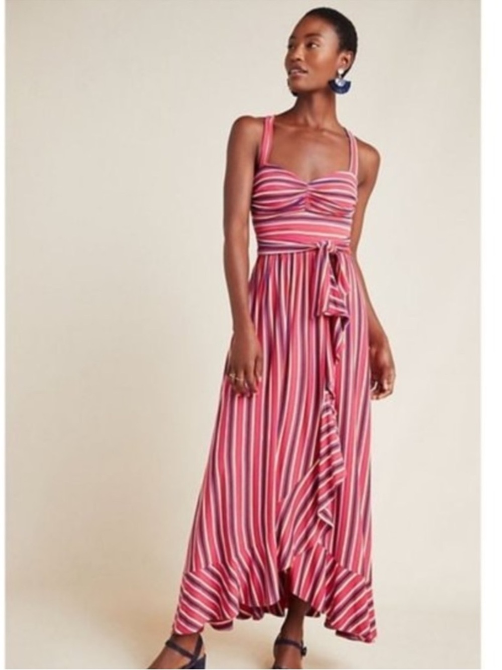 Anthropologie Maeve Gabriela Striped Ruffle Maxi Dress size X-small